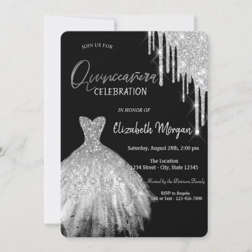 Silver Glitter Drips Dress Black Quinceaera Invitation
