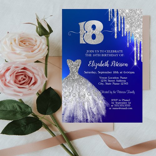 Silver Glitter DripsDress Blue 18th Birthday Invitation