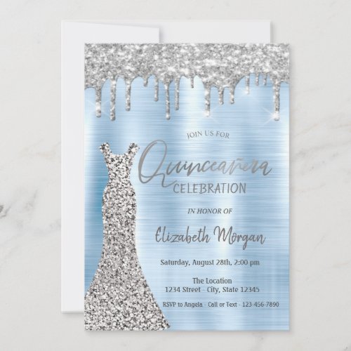 Silver Glitter DripsDress Blue Quinceaera Invitation