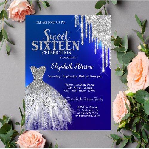 Silver Glitter DripsDress Blue Sweet 16  Invitation