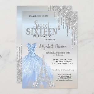 Silver Glitter Drips,Dress,Eiffel Tower Sweet 16   Invitation