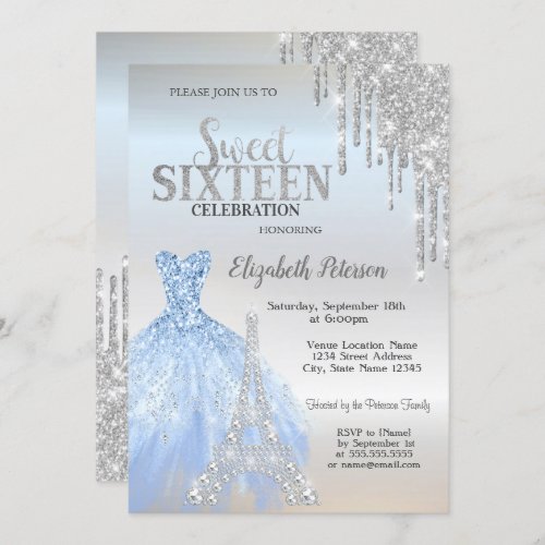 Silver Glitter DripsDressEiffel Tower Sweet 16   Invitation