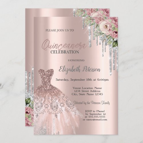 Silver Glitter DripsDress Flowers Quinceanera Invitation