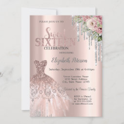 Silver Glitter Drips,dress Flowers Sweet 16 Invitation 