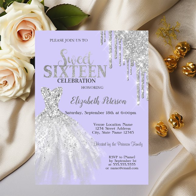 Silver Glitter Drips,Dress Light Purple Sweet 16  Invitation (Creator Uploaded)