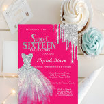 Silver Glitter Drips,Dress  Neon Pink Sweet 16 Invitation<br><div class="desc">Elegant dress and silver glitter drips on a neon pink background.</div>