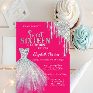 Silver Glitter Drips,Dress Neon Pink Sweet 16 Invitation