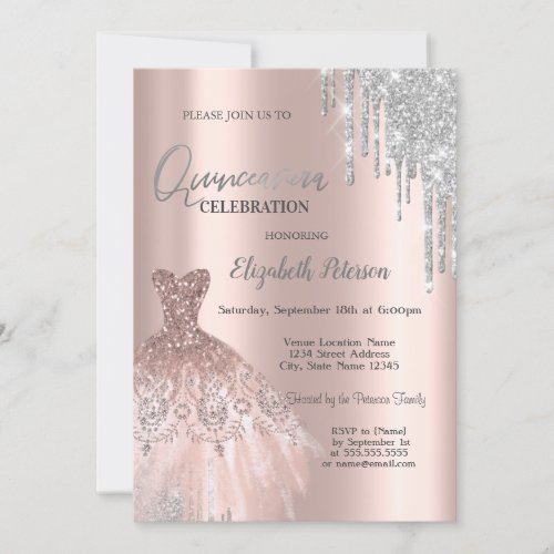  Silver Glitter DripsDress Rose Gold  Quinceaera Invitation