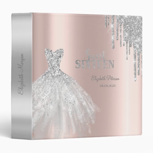 Silver Glitter Drips Dress Rose Gold Sweet 16   3 Ring Binder