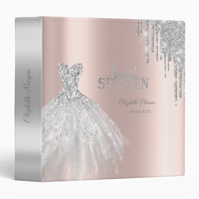 Silver Glitter Drips, Dress Rose Gold Sweet 16   3 Ring Binder (Front/Spine)