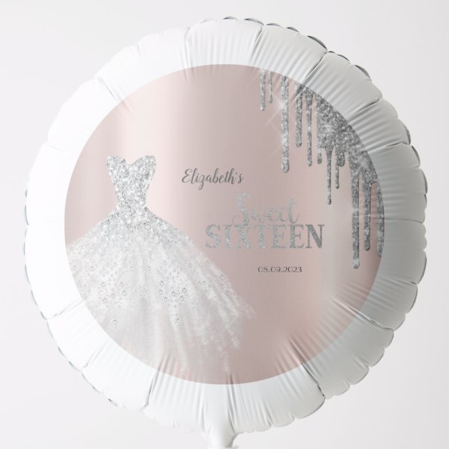 Silver Glitter Drips, Dress Rose Gold Sweet 16  Balloon (Front)