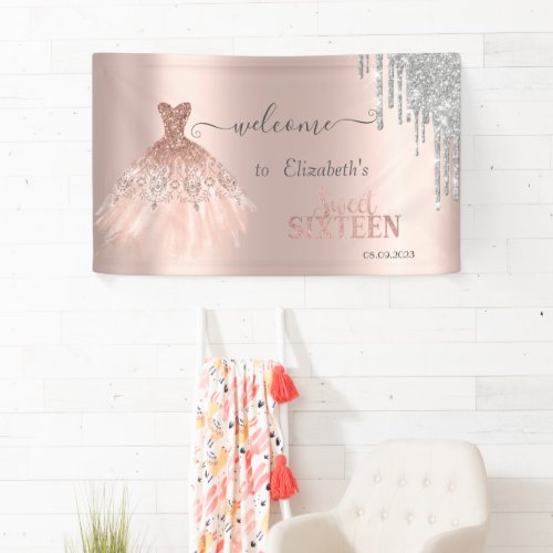  Silver Glitter DripsDress Rose Gold Sweet 16    Banner