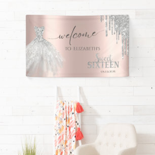 Silver Glitter Drips,Dress Rose Gold Sweet 16 Banner