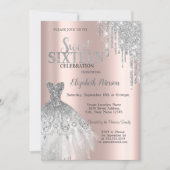 Silver Glitter Drips,Dress Rose Gold Sweet 16 Invitation (Front)