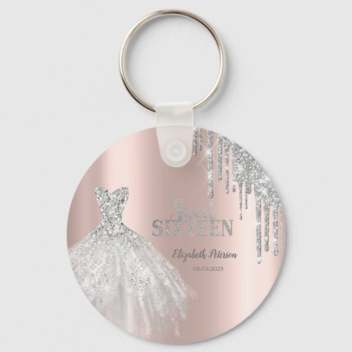 Silver Glitter Drips Dress Rose Gold Sweet 16   Keychain