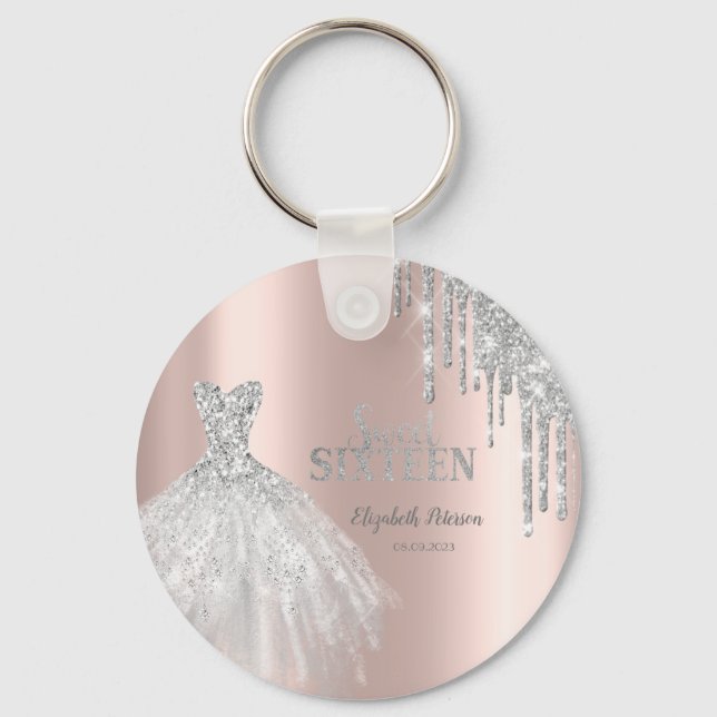 Silver Glitter Drips, Dress Rose Gold Sweet 16   Keychain (Front)