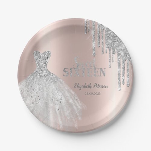 Silver Glitter Drips Dress Rose Gold Sweet 16  Paper Plates