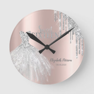 Silver Glitter Drips, Dress Rose Gold Sweet 16 Round Clock