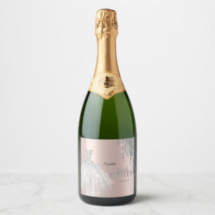 Silver Glitter Drips, Dress Rose Gold Sweet 16 Sparkling Wine Label