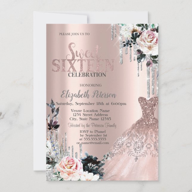  Silver Glitter Drips,Dress Roses Sweet 16 Invitation (Front)