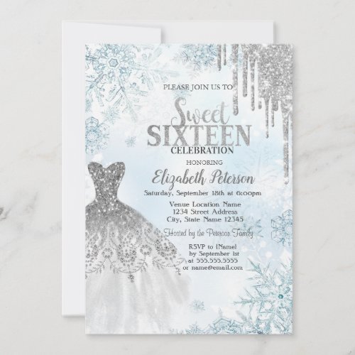 Silver Glitter DripsDress Snowflakes Sweet 16 Invitation