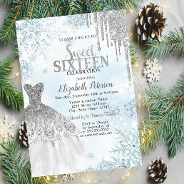 Silver Glitter Drips,Dress Snowflakes Sweet 16 Invitation