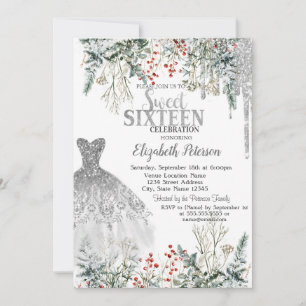 Silver Glitter Drips,Dress Winter Flowers Sweet 16 Invitation