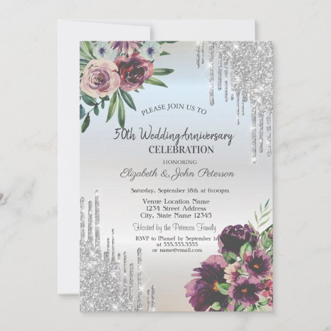 Silver Glitter Drips,Dust Roses  Anniversary Invitation (Front)