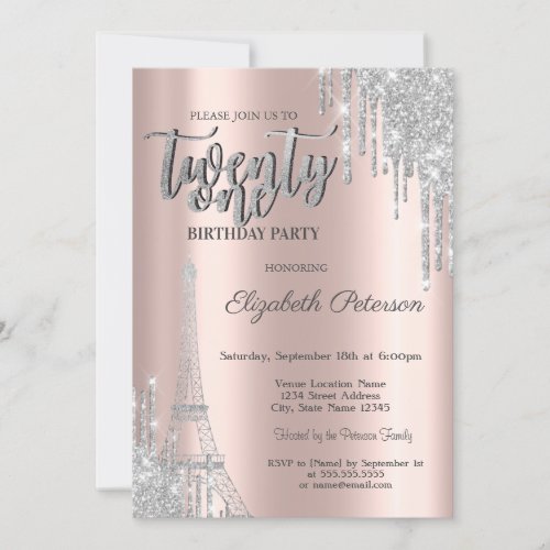 Silver Glitter Drips Eiffel Tower 21th Birthday Invitation