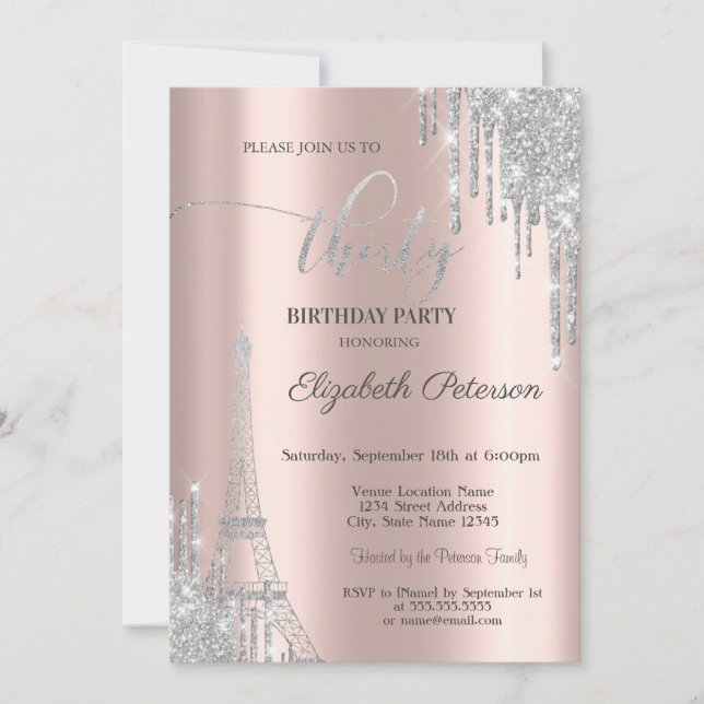 Silver Glitter Drips, Eiffel Tower 30th Birthday  Invitation (Front)