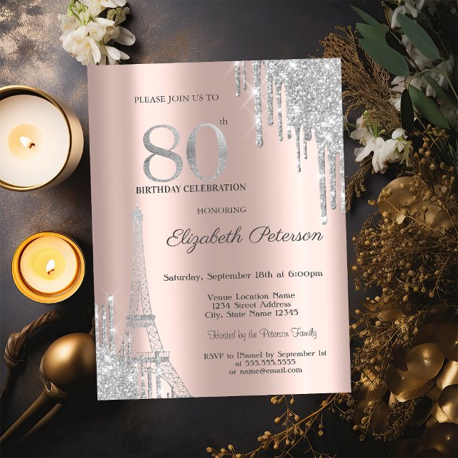 Silver Glitter Drips, Eiffel Tower 80th Birthday Invitation (Creator Uploaded)