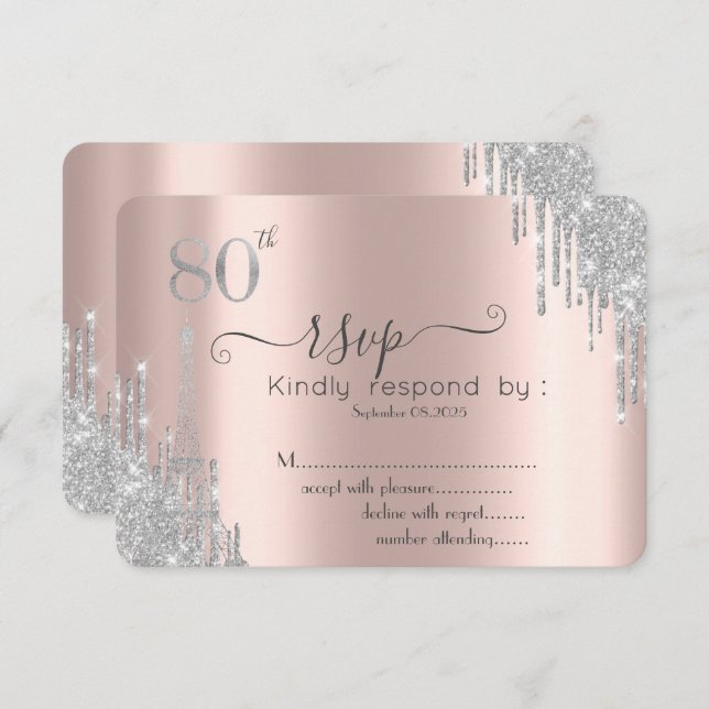   Silver Glitter Drips, Eiffel Tower 80th RSVP  Invitation (Front/Back)
