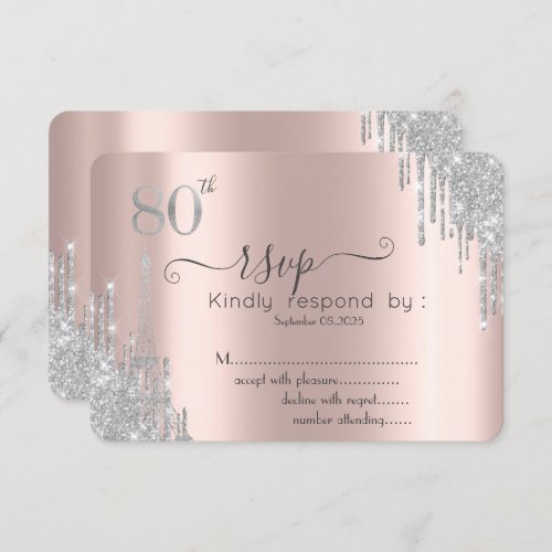   Silver Glitter Drips, Eiffel Tower 80th RSVP  Invitation