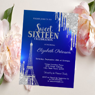 Silver Glitter Drips, Eiffel Tower Blue Sweet 16 Invitation