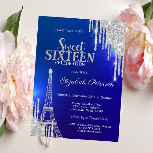 Silver Glitter Drips Eiffel Tower Blue Sweet 16 Invitation
