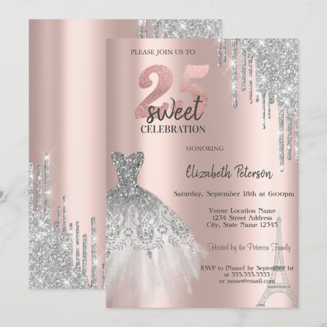 Silver Glitter Drips,Eiffel Tower Dress Sweet 25th Invitation (Front/Back)