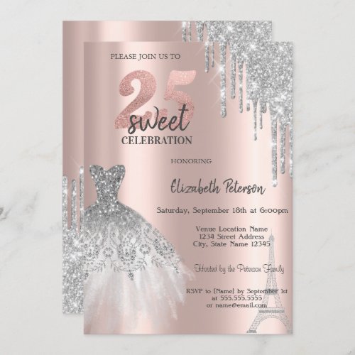 Silver Glitter DripsEiffel Tower Dress Sweet 25th Invitation