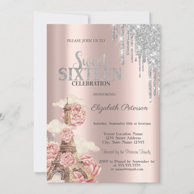 Silver Glitter Drips,Eiffel Tower Peonies Sweet 16 Invitation (Front)