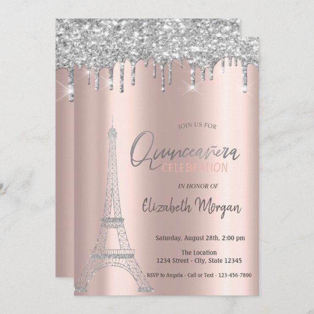 Silver Glitter Drips,Eiffel Tower Quinceanera Invitation (Front/Back)