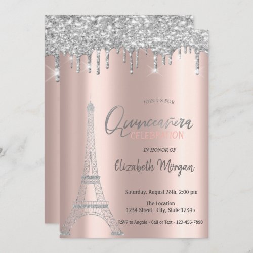 Silver Glitter DripsEiffel Tower Quinceanera Invitation