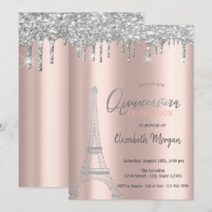 Silver Glitter Drips,Eiffel Tower Quinceanera Invitation