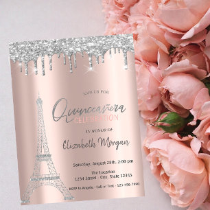 Silver Glitter Drips,Eiffel Tower Quinceanera Invitation