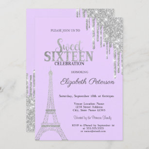 Silver Glitter Drips, Eiffel Tower Sweet 16  Invit Invitation