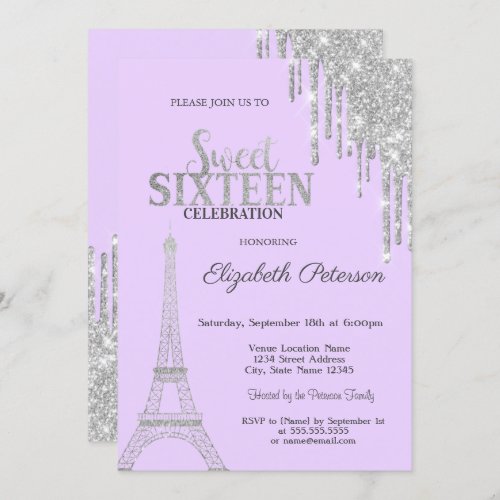 Silver Glitter Drips Eiffel Tower Sweet 16  Invit Invitation