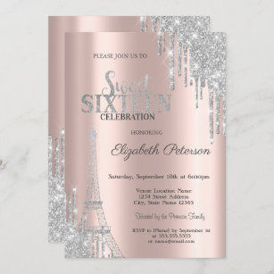 Silver Glitter Drips, Eiffel Tower Sweet 16 Invitation