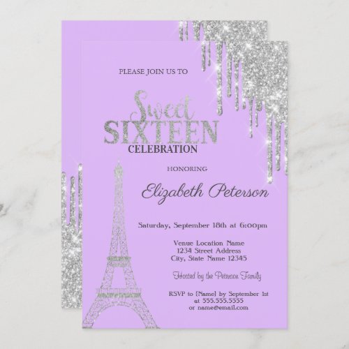 Silver Glitter Drips Eiffel Tower Sweet 16  Invitation