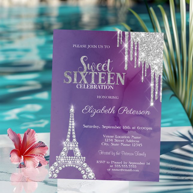 Silver Glitter Drips Eiffel Tower Violet Sweet 16  Invitation (Creator Uploaded)