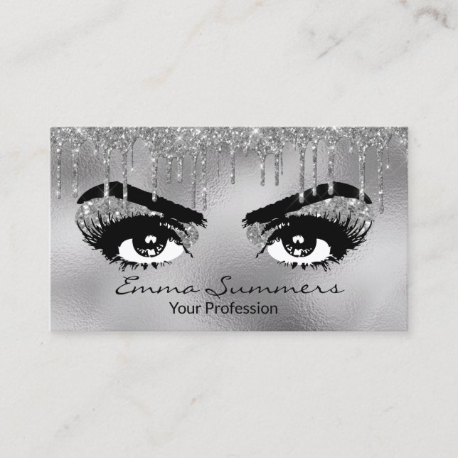 Silver Glitter Drips Eyebrow Eyelash Makeup Eyes Business Card (Front)