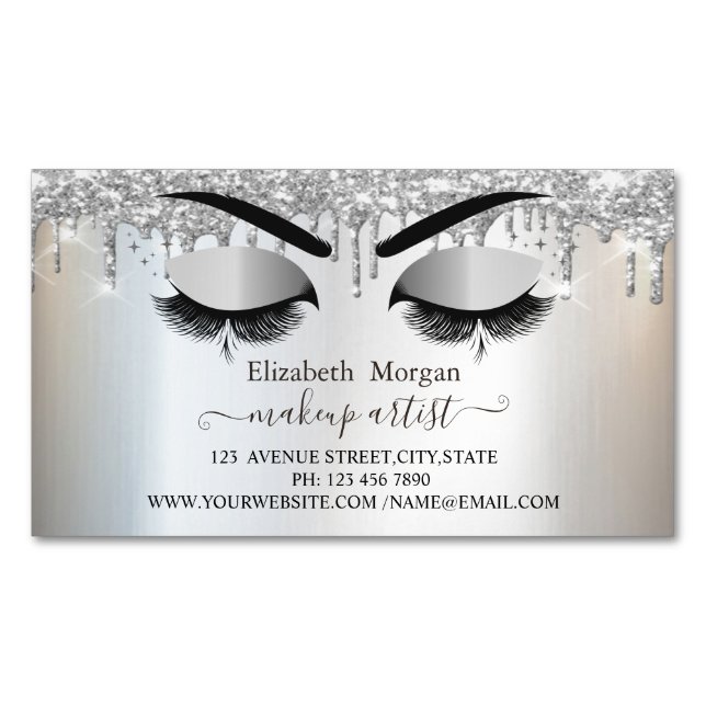 Silver Glitter Drips Faux Lashes,Makeup Artist  Business Card Magnet (Front)
