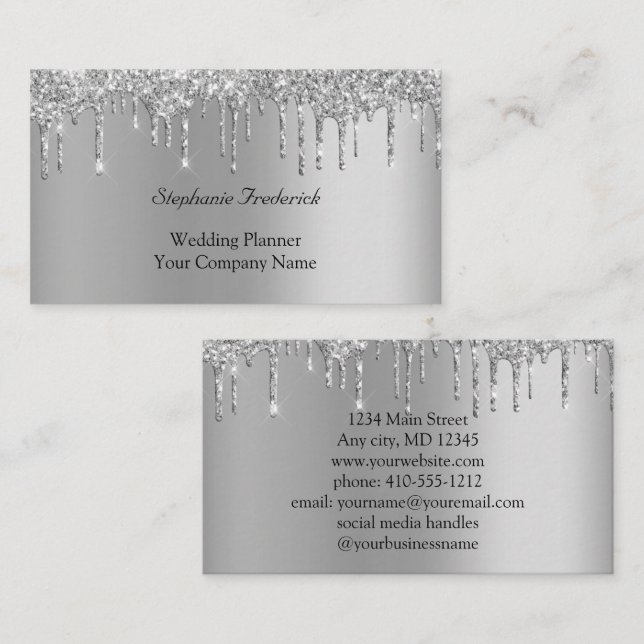 Silver Glitter Drips Feminine Small Business  Business Card (Front/Back)